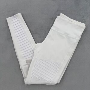Alo Yoga Moto Leggings White High Waist Ribbed Mesh Panel Athleisure Women's M